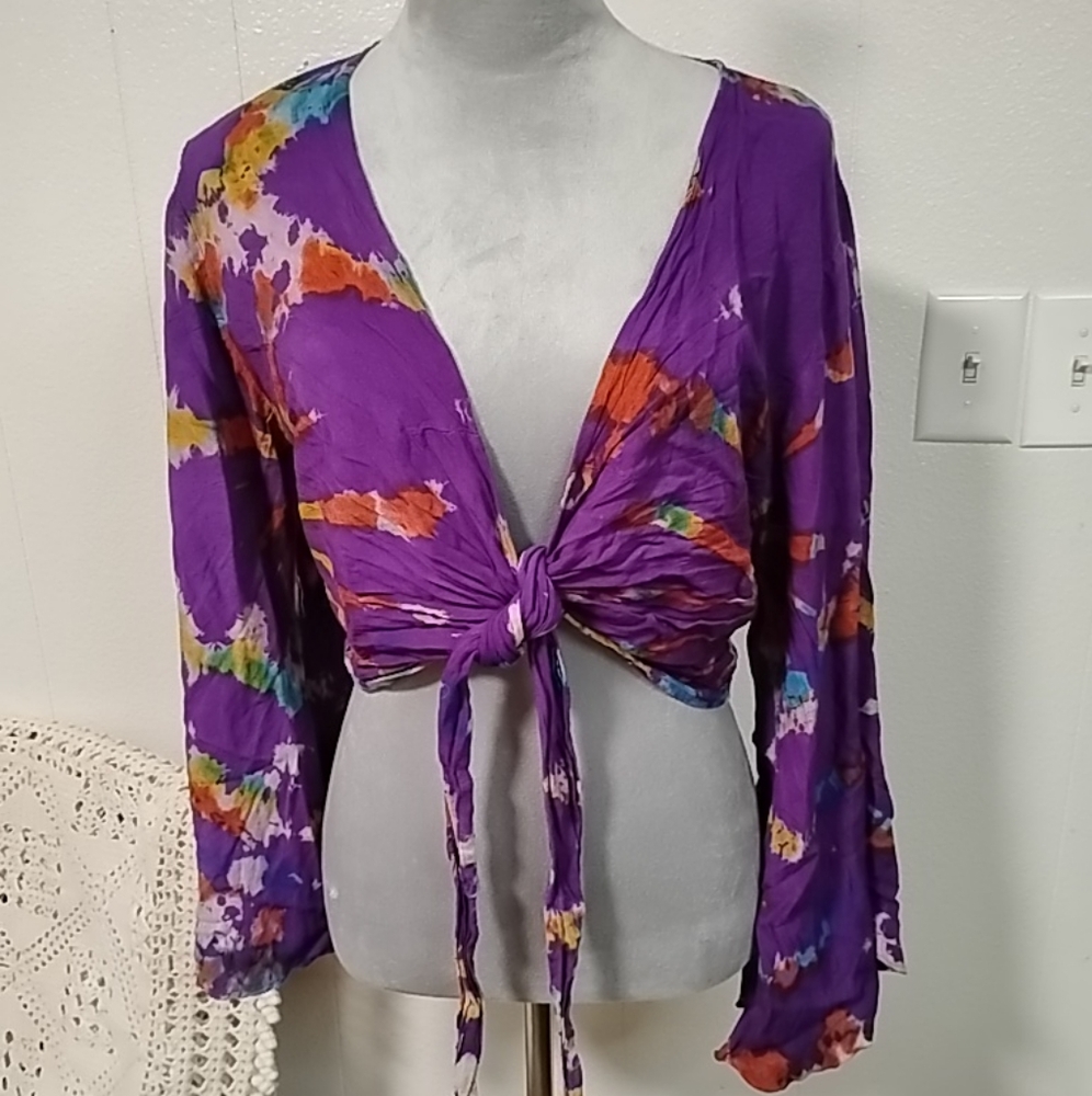 Karma Nepal Crafts Tiedye Tie Front Crop Top Festival Boho Hippie Dopamine Bold